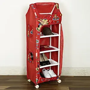 NHR Multipurpose Foldable/Collapsible Plastic Baby almirah, Kids Wardrobe, Cloth Organizer, Folding Cupboard, Toy Box (5 Shelf, Red)