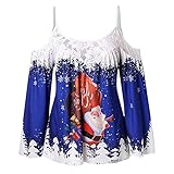 NPRADLA 2018 Bluse Weihnachten Damen Spitze Patchwork Spaghetti-Bügel Top Druck Sling(S/34,Blau)