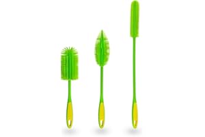Kochblume Silicone Brushes Set of 3 with Interchangeable Heads, Bottle Brush, Washing Up Brush, Antibacterial, Germ-free (Lime)