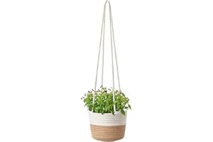 WAIBBU Corde Coton Accrochée Pot Fleur Pots Plantes Jonc Mer Naturel Jardinière Plafond Panier Jardinière Suspendu Corde Porte Plante Tissé à La Main Panier Plantes Corde Coton Tissé 14cm (Blanc)