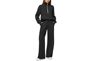 HOOUDO Womens Two Piece Full Set Tracksuit Long Sleeve Oversized Half Zip Sweatshirt Pullover Drawstrings Wide Leg Trousers Sweatpants Outfits Ladies Gym Sports Casual Activewear Lounge Sets