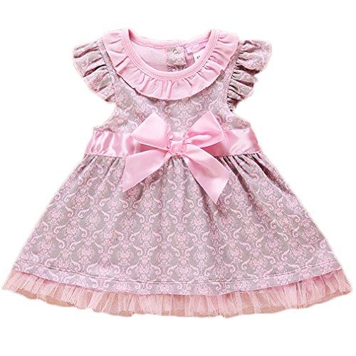Pandaren® infant baby girl summer red spotted roses short sleeve dress skirt (Bow Pink) (12-18 Months)