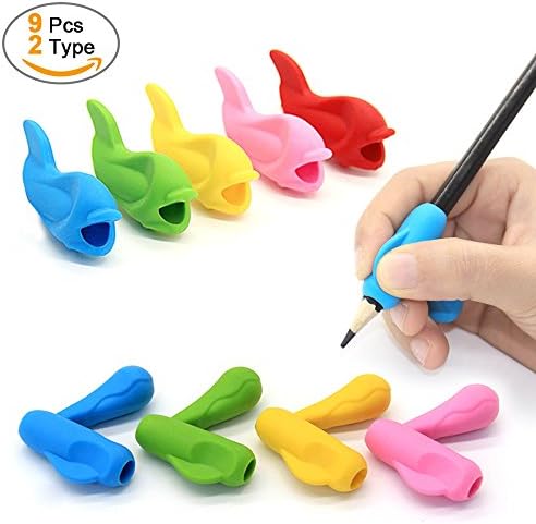 Pencil Grips Children Training Pencil Holder Pen Writing Aid Grip Posture Correction Tools (9pcs and a yellow pouch)