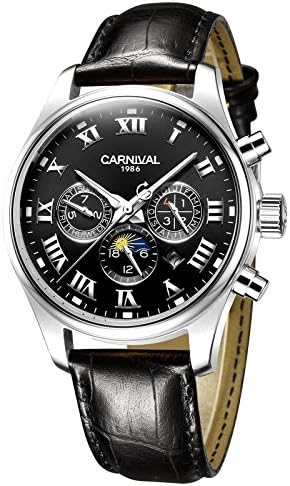 Men's Roman Retro Multifunction Automatic Self Wind Mechanical Watch Moon Phase Luminous Analog Watch (Calfskin Band-Silver Case-Black Dial)