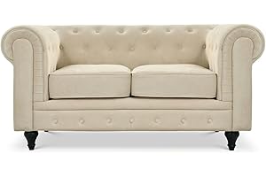 Bravich Velvet Chesterfield Sofa- Cream. 2 Seater Settee, Soft Plush Fabric Couch. Living Room Furniture, Easy Clean. 2 Seater- 160cm x 90cm x 78cm
