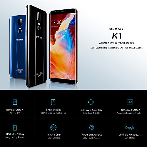 KOOLNEE K1 4G LTE Smartphone 6 Zoll 18: 9 FHD + Display, Octa-Core 4GB RAM+64GB ROM 16MP + 2MP Dualhauptkameras Fingerabdruck-ID 3190mAh Akku,Band 20 Dual SIM Ohne Vertrag