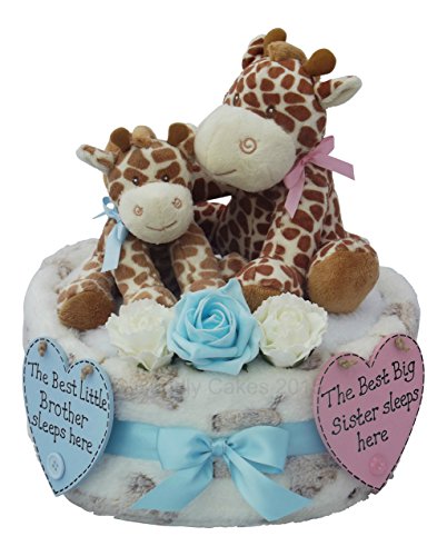 Sibling New Baby Brother / Big Sister One Tier Blue Giraffe Nappy Cake Baby Gift with FREE UK Delivery
