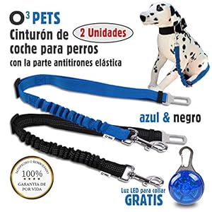 O³ PETS Cinturon Perro Coche Homologado 2 Unidades Elásticos con Luz LED para Collar | Cinturón De Seguridad De Coche para Perro – Correa Antitirones Perro Ajustable – Más Comodidad para Tu Perro