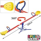 【Noch besser】als bei einfachen Wippen, können die Kinder mit dieser 360° Karusselwippe komplette Drehungen vollführen. Das sorgt für zusätzlichen Spielspaß und fördert Koordination, wie auch die Motorik zusätzlich. Gratis Erdnägel zur Fixierung der Schaukelwippe, liegen dem Lieferumfang bei.