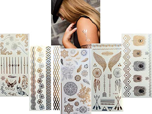 5 Bögen Metallic Tattoo Flash Tattoo Aufkleber Einmal Tattoo Gold und Silber Schmuck Tattoos Viele Schöne Motive