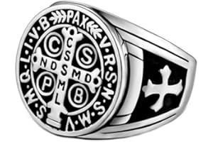 BOBIJOO JEWELRY - Anillo Anillo Anillo De Hombre De La Cruz De San Benito De Protección Demonio De Plata De Acero Negro