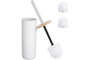 HonGien HonGien Brosse de Toilette WC, Brosses WC et Supports, Brosse de Toilette à Long Manche Manche avec Couvercle en Bambou, Bac de Rangement (Blanc)