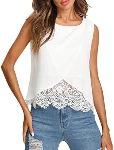 Women Vest, Bestoppen Women Summer Sexy Sleeveless Crewneck Chiffon Lace Tank Tops Casual Crop Short Tee T-Shirt Blouse Ladies Evening Party Beach Vest Camisole (XL, White)