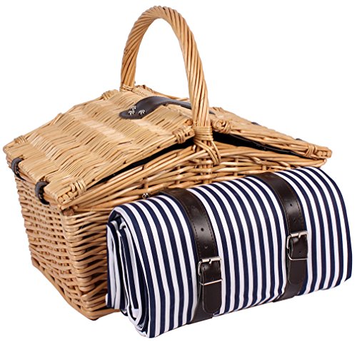 4 Personen Weiden Picknickkorb Picknickkoffer Set mit Decke, Besteck, Wein Gläser, Teller - 5