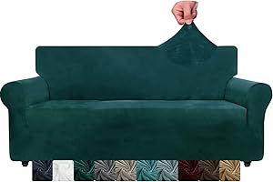 CHELZEN Copridivano extra large in velluto Copridivani oversize elasticizzati a 4 posti per cani animali domestici Fodera per divano XL per soggiorno (4 Posto, Verde Nerastro)
