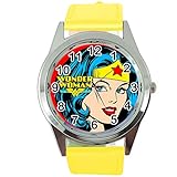 Taport® Wonder Woman Quarz-Armbanduhr, rund, aus echtem Leder, inklusive Ersatzakku und Geschenkbeutel, Gelb