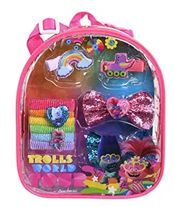 Trolls 2 Hair Accessory Backpack Set, Princess Poppy Hair Styling Kit in Clear Bag with Elastic Hair Ties, Sparkling Bow Ties & Snap Clips, Troll Hair Accessories Gift Set, Charm Goodies for Girls