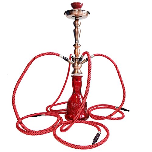 Taffstyle® Orientalische 4er Schlauch Party Shisha Wasserpfeife Orientalisch Hookah Glas Bowl Höhe 65 cm – Zubehör – 4 Schläuche, 5 Mundstücke, Zange und Kohle Holzkohle 1 Rolle mit 10 Stück / Rot - 2