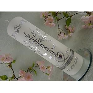 Hochzeitskerze Traukerze Lebensbaum Herz Schmetterlinge Tauben Ringe silber Geschenk Kerze zur Hochzeit 250/70 mm inkl. Beschriftung