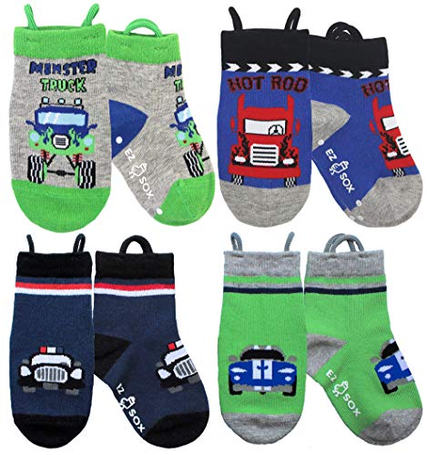 Ez Sox Calcetines de chico con puntera sin costura y sin deslizamiento, tira hacia arriba (3-5 años, Monster Truck-Cars)