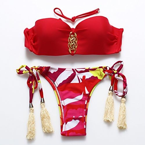 Sexy Lingerie - Ladies Bikini Metallic Ring Watercolor Print , red , m