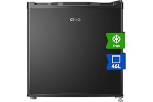 CHiQ Mini frigorifero 46 litri, 47x44,7 cm, frigorifero da tavolo con portabottiglie, scomparto refrigerato, termostato regolabile, silenzioso, per dormitorio, cucina, soggiorno, colore scuro