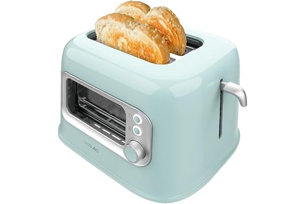 Cecotec Grille-pain vertical 2 fentes larges RetroVision Blue. 700 W en 5 niveaux, 2 tranches de pain, fenêtre de contrôle, design rétro, couvercle anti-poussière, arrêt et pop up automatique