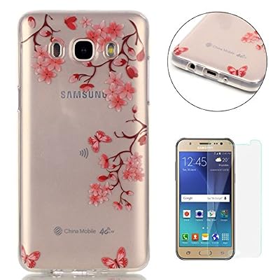 CaseHome Coque Samsung Galaxy J5 2016/J510FN Housse Silicone de Gel [Gratuit Protections D'écran],CaseHome Clear Ultra Slim Transparente Antichoc Doux Protecteur TPU Mode Motif-Fleur Rose Papillon