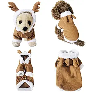 Mogoko Dog Cat Christmas Reindeer Costume, Funny Pet Elk Costumes Cosplay Dress, Puppy Fleece Outfits Warm Hoodie Animal Festival Apparel Clothes (L Size)