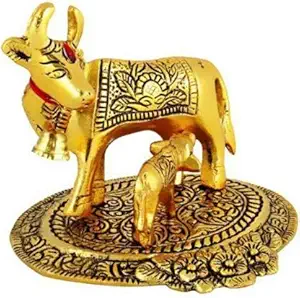 SHIVMART Prosper Kamdhenu Oxidised Gold Finished Brass Like Cow and Calf Figurine Decorative Item (Golden)