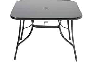 The Fellie Garden Table Outdoor Dining Table Tempered Glass Top Coffee Table Patio Table with Parasol Hole (Square-105 x 105 x 72cm)