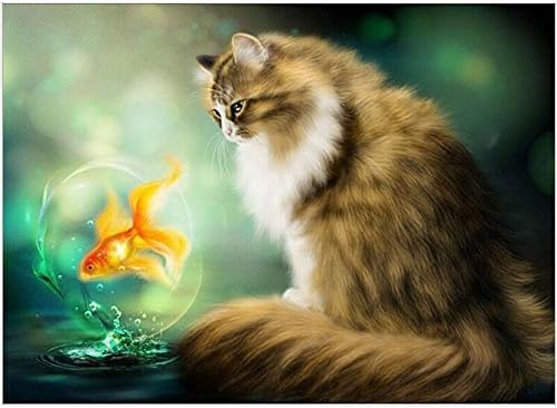 5D DIY Diamond Painting Cross Stitch Resin Home Decoration Living Room, Cat and poisson-30 * 40 cm