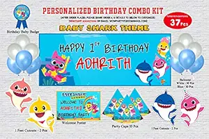 WoW Party Studio Personalized Shark Cartoon Theme Happy Birthday Party Decorations Supplies with Birthday Boy/Girl Name & Age - Combo Kit #2 (37 Pcs)