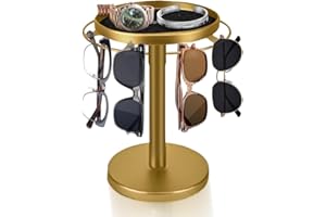 JOAASU 360° Rotating Glasses Holder Stand, Sunglasses Organizer Glasses Holder Stand, Sunglass Storage with Metal Frame and Base, Sunglass Storage Display Rack for Desk Dresser Tabletop, Gold
