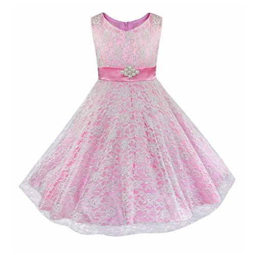 YiZYiF Lace Tulle Flower Girl Dresses Kid Sleeveless Wedding Formal Bridesmaid Party Princess Dress Pink 9-10 Years