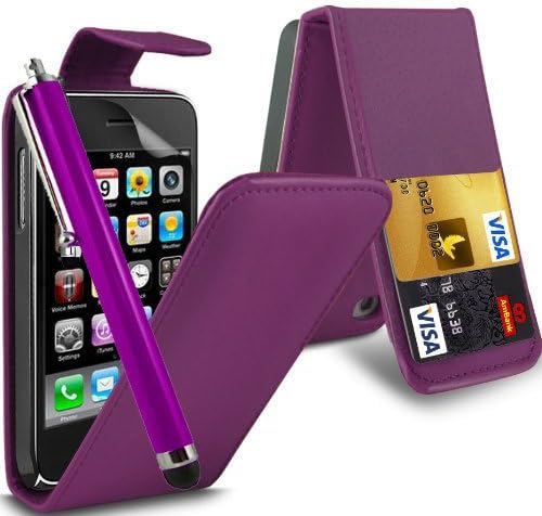 MOD IPHONE 3, 3G, 3GS FLIP PU LEATHER CASE COVER POUCH WITH CARD SLOTS PURPLE + 2x FREE SCREEN PROTECTOR + FREE STYLUS PEN