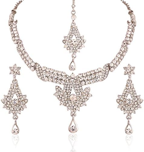 I Jewels Women's Rhodium Plated Jewellery Set with Maang Tikka Using Austrian Diamonds White