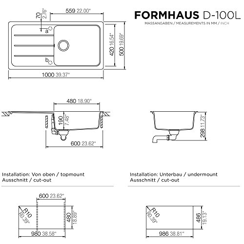 Schock Formhaus D-100 L Onyx Granitspüle Schwarz Auflage Küchenspüle Einbau - 2