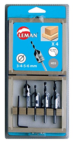 Leman 203.500.04 1 coffret 4 forets à bois hélicoidaux acier + 4 fraisoirs, Bleu