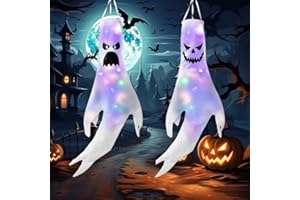 AEBECHUN 2 Pezzi Manica a Vento Fantasma Halloween, Decorazione Appesa di Halloween, Windsocks con Luce Colorato a LED da Decorazione