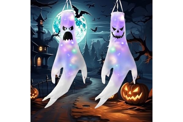 2 Pièces Halloween FantôMe Suspendue DéCoration, Fantôme Forme Coloré LED éclairage Manche à Air, Accessoires de Décoration de Fête Halloween