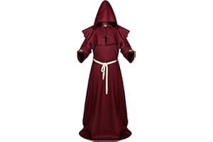 Sintege Robe de Moine à Capuche Médiévale d'Halloween Robe de Prêtre Adulte Déguisement de Prêtre Costume de Sorcier avec Corde de Taille de Cape et Collier de Croix (Rouge, XL)