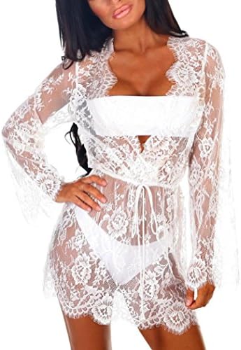 Sexy Lace V-Neck Sunscreen Cardigan, Fashion Women Summer Solid Long Sleeve Dressing Babydoll Shirt Party Beach T-Shirt Blouse by GreatestPAK