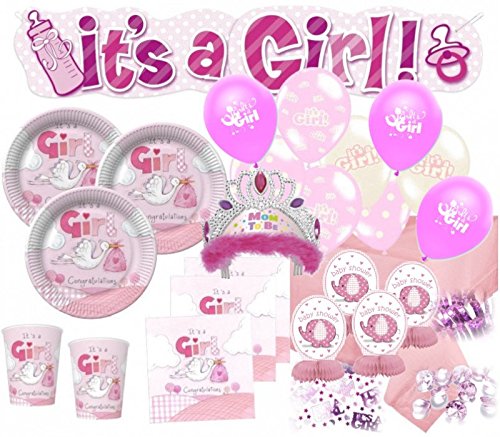 XXL 79 Teile Baby Shower Deko Set Rosa Storch 16 Personen - Babyparty Mädchen