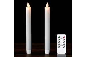 Eldnacele Flameless Flickering Moving Wick Taper Candles with Timer Remote Battery Operated White Real Wax Set of 2(D 0.78''xH 9.5'') for Wedding Anniversary Dinner Party Christmas Home Decor