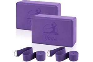 BOJVESH 2 Yoga Block and 2 Yogas Strap Set, Non-slip EVA Foam Blocks, High Density Yogas Bricks with 6ft Strap, Supportive Latex-Free Yoga Block Accessories for Pilates, Stretching (Pink)