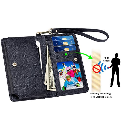 Damen Portemonnaie, SHANSHUI GeldbÃ¶rse Frauen RFID Schutz Geldbeutel mit Handyfach, Wristlet Clutch fÃ¼r Smartphone LangbÃ¶rse Portmonee Wallet (M,Schwarz)
