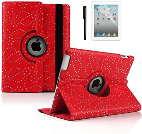 New iPad 2 017 Released in 2017 [5th Gen]/Apple iPad AIR/AIR-1 (5) - Diamond Bling Sparkly Gem Glitter Leather Flip Case Cover Pouch Multi Axis/Swivel Stand High Quality Synthetic Leather Pro 360 Degree Rotating most popular Case Cover with Auto Sleep/Wake Function Case perfection / suitable only for Apple iPad 5th Gen Model (A1822/A1823)/iPad Air(1) Model(A1474 /A1475 / A1476) including Screen Protector + Stylus Pen - @ SK MICRO® - SUPER FAST SHIPPING FROM UK-RED