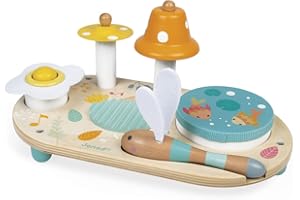 Janod - Table Musicale Pure en Bois - Jouet en Bois d'Éveil Musical - Avec Cymbale, Cloche et Tambourin Amovible - Peinture à l'Eau - de 3 à 8 Ans, J05164