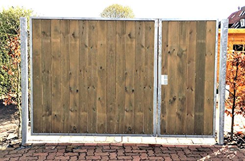 Einfahrtstor / Einbaubreite 350 cm / Einbauhöhe 180 cm / Hochwertiges 2-flügeliges asymmetrisch geteiltes Tor / Aufteilung: 1,0 m + 2,5 m / Verzinkt mit Holzfüllung / Holz Tor Gartentor Hoftor
